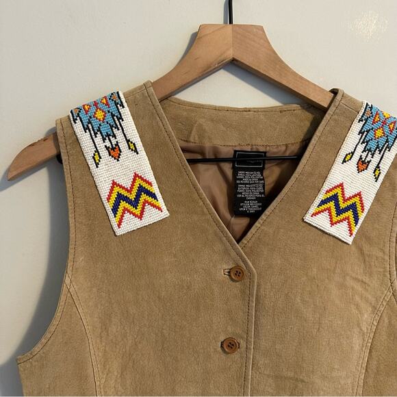 Vintage Outbrook Tan Leather Beaded Button Down Top Vest Medium - Picture 8 of 11